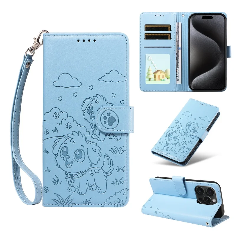 Love Dog Anti-Theft Leather Wallet Phone Case with Brush Lanyard and Card Holder