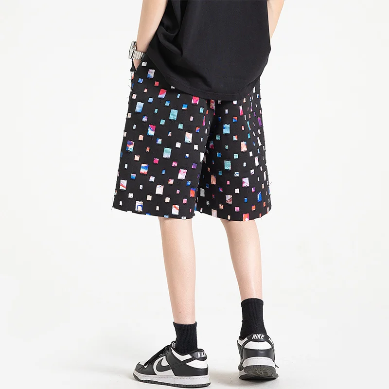 Summer Hole Shorts Men Fashion Retro Hollow Shorts Men Streetwear Hip Hop Loose Color Plaid Shorts Mens Beach Shorts M-5XL