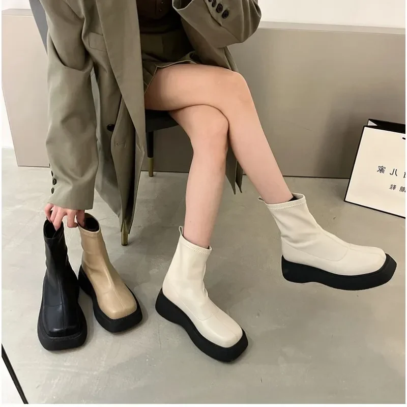2023 Winter Chunky Boots For Women Square Toe Shoes Ladies Fashion Slip On Platform Thick Sole Short Boots Ladies Ankle Booties