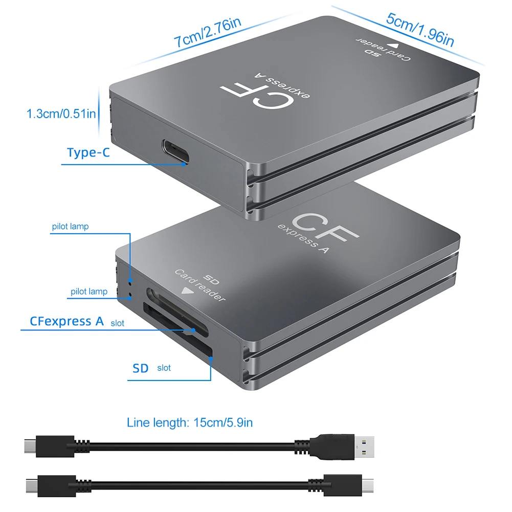 2 in 1 CFexpress 타입 A SD 카드 리더 CFexpress 리더 듀얼 슬롯 휴대용 CF 익스프레스 리더 USB C to USB C/A 케이블 포함 SLR용