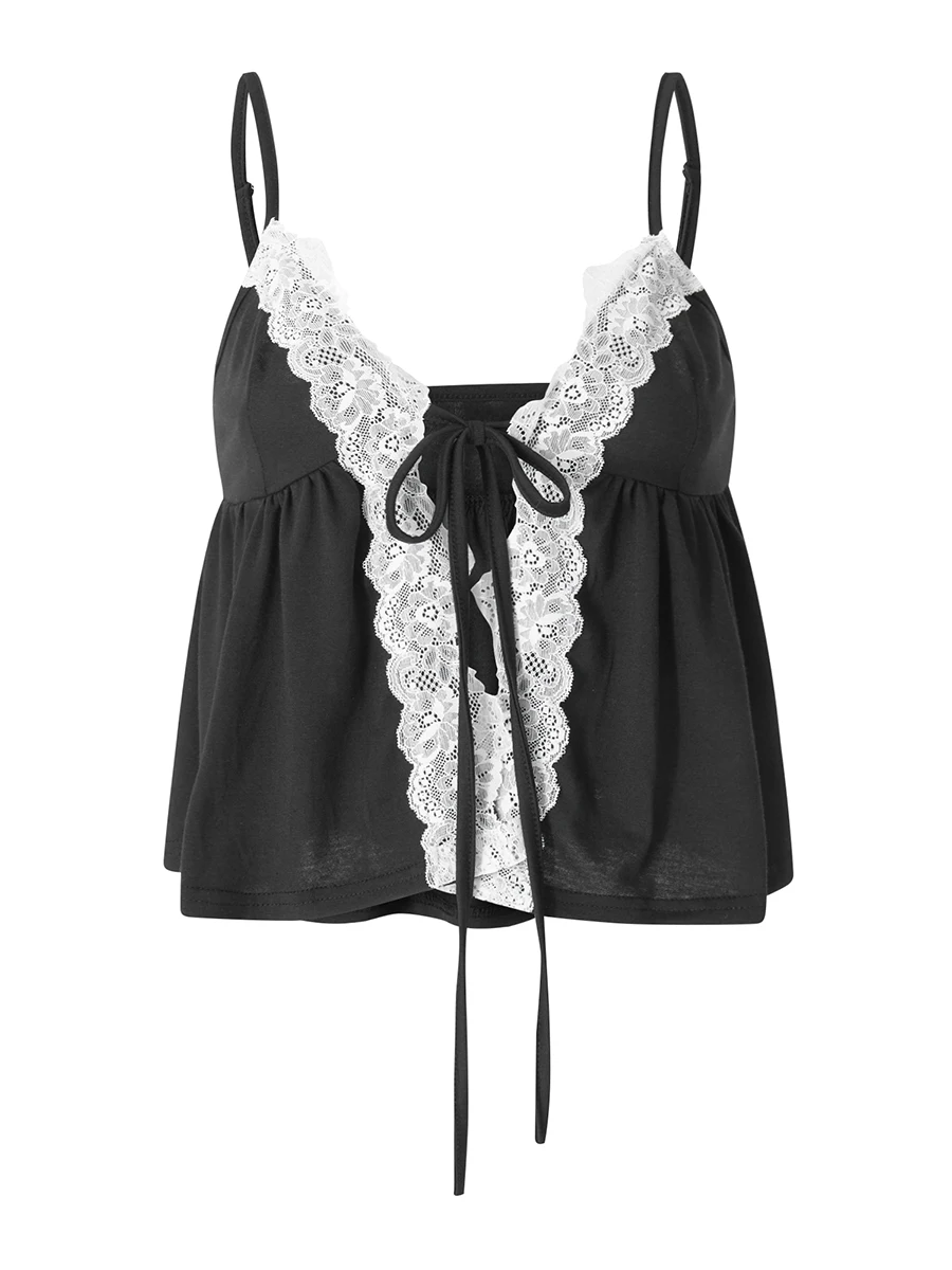 

Women's Lace Patchwork Crop Cami Tops Y2K Vintage Sleeveless Tie-Up Front Loose Fit Camisole Summer Ladies Black Tanks Vest 90s