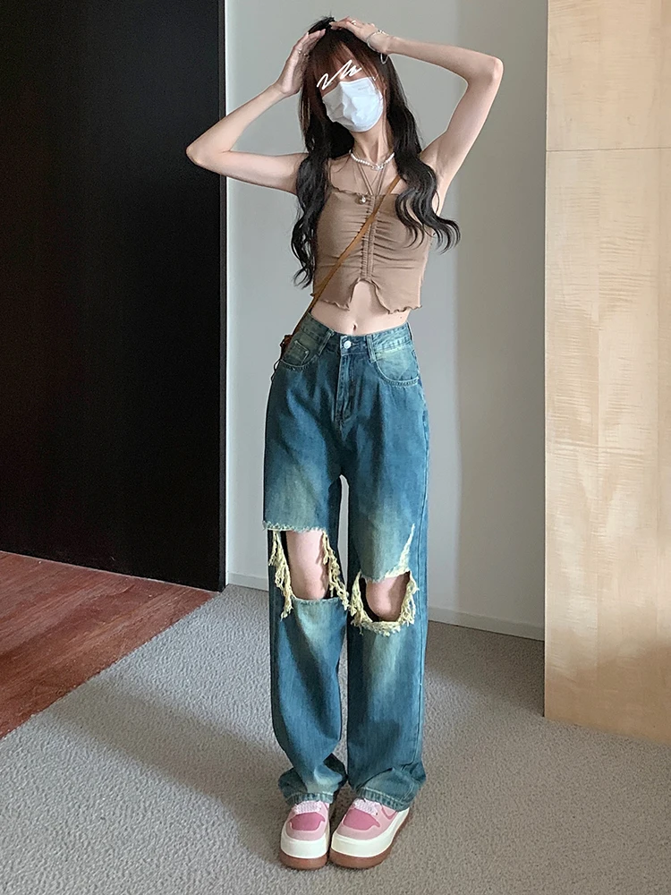 90s European and American Ripped High Street Holdes Hip-hop Loose Straight Wide Leg Jeans Y2K Retro Harajuku Denim Pants Trouser