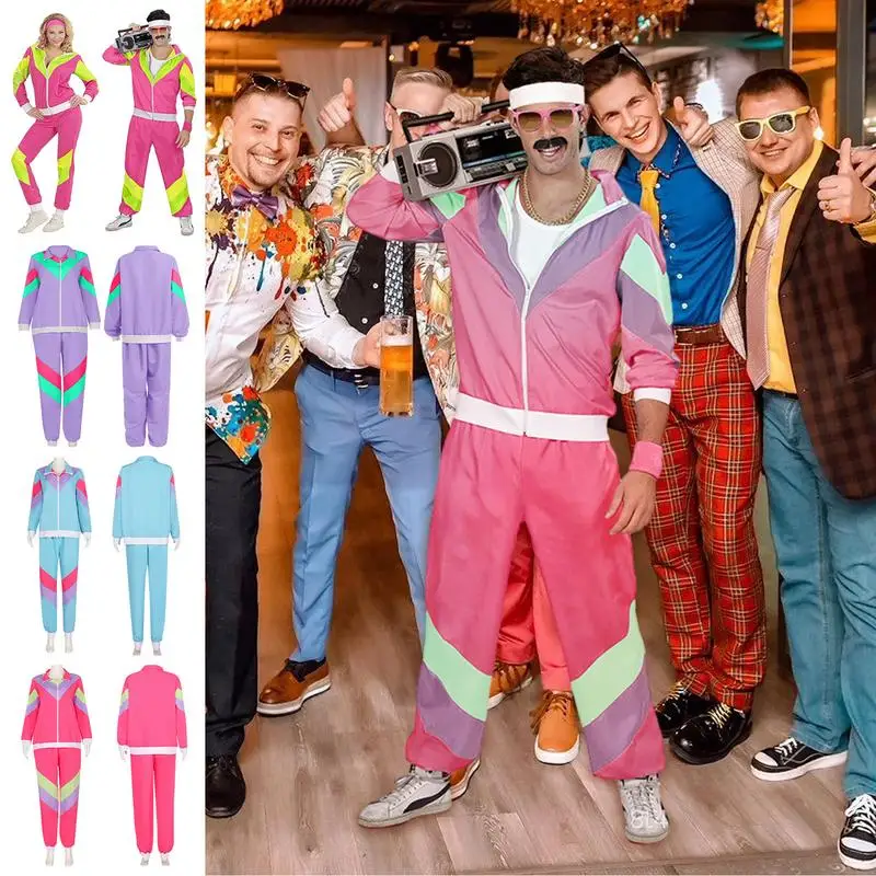 80s Sports Costume Men Color Block Design 80s Couple Track Suit Vintage Long Sleeve Tracksuit Masquerade Jacket With Zipper