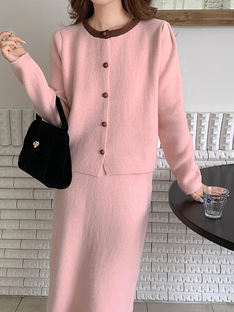 

Женский вязаный комплект из 2 предметов, розовый свитер, куртка и юбка с эластичным поясом, Осень-зима 2023