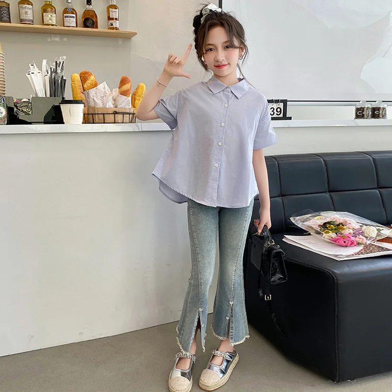 

Girls Blouses Spring and Summer Short-sleeved Shirt Jacket 2024 Summer New Summer Children Top Simple Casual Simple Blouses