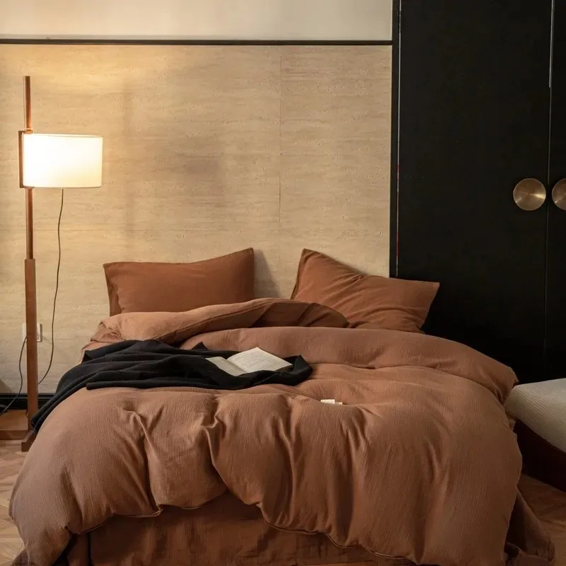 Cotton Linen Ultra Soft Comfortable 3Pcs Bedding set Solid Color 1Pc Duvet cover +2Pcs Pillowcases 4