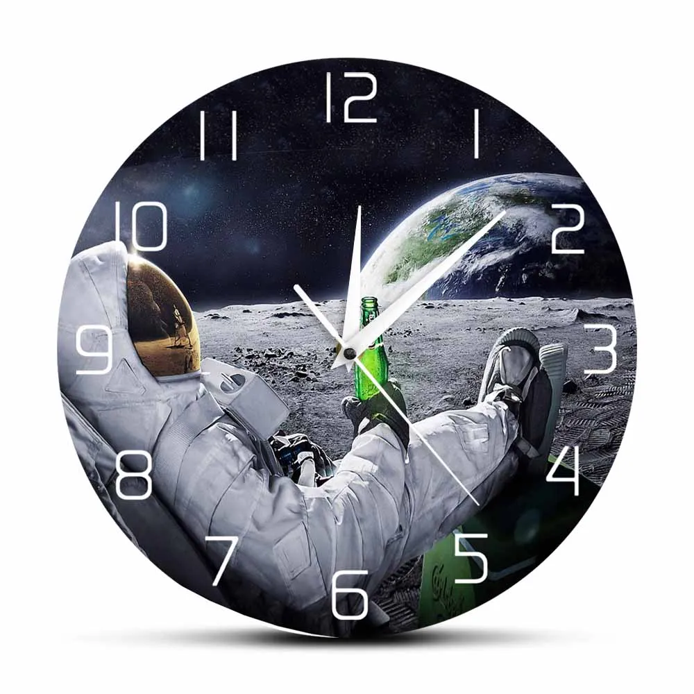 

Astronaut on The Moon With Beer Funny Wall Clock For Bedroom Earth Space Home Decor Science Artwork Clock Spaceman Drinking Gift