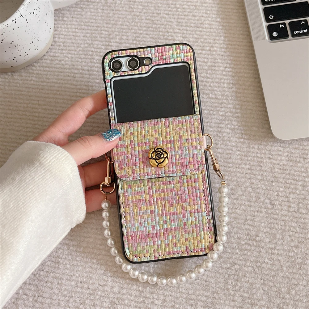 Luxury Woven Texture PU Leather Card Holder Wrist Strap Phone Case