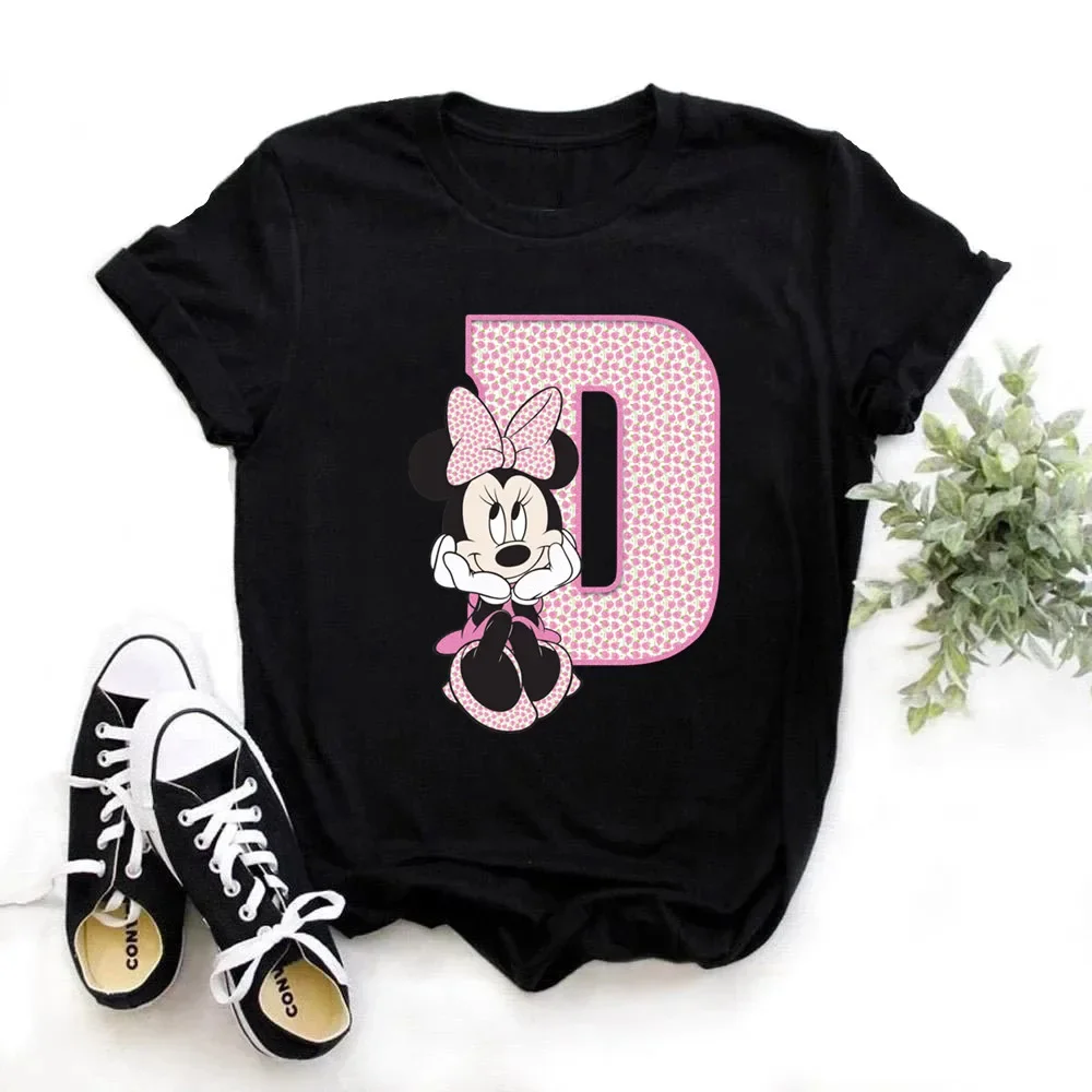 thumbnail image 1 of Camiseta de algodón para niños de Disney Minnie Mouse, divertida camiseta con estampado de 26 letras mayúsculas de la A a la Z, camisetas góticas para niñas, camisetas kawaii de verano, 1 of 5