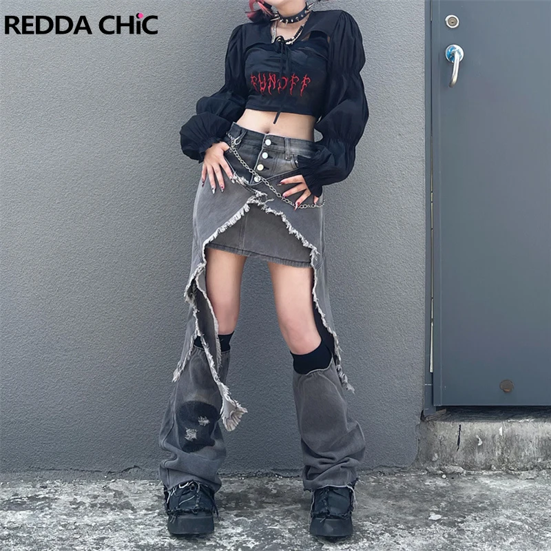 

REDDACHiC Acubi Fashion Women 4-Piece Set Denim Mini Skirt & Waist Cape & Leg Warmers & Chain Belt Retro Gray Grunge Y2k Clothes