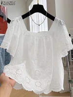 ZANZEA 2025 été couleur unie hauts femmes évider chemises mode col carré hauts coréen décontracté ample à manches courtes Blusas 1