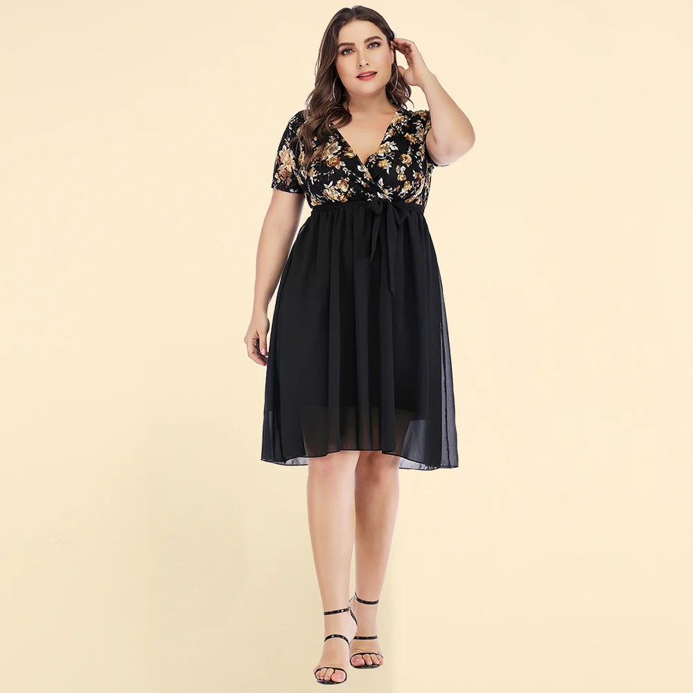 

Large Women's 2023 Summer New Strap Lace Splice Chiffon V-Neck Sexy Short Sleeve Dress vintage elegant Plus Size black frocks