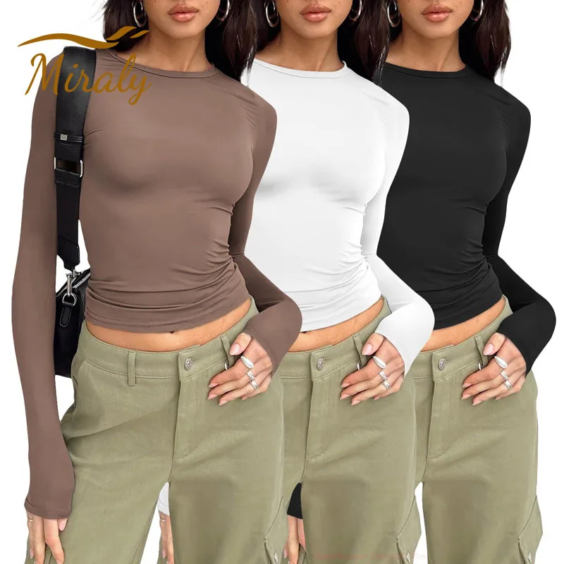 EGSDMNVSQ Camicia Maniche Lunghe Donna Y2K Crop Top Girocollo Top Slim Fit T -Shirt Basic Elasticizzata Manica Lunga Elegante Tinta Unita Top Moda Camicie Casual Streetwear Adolescenti