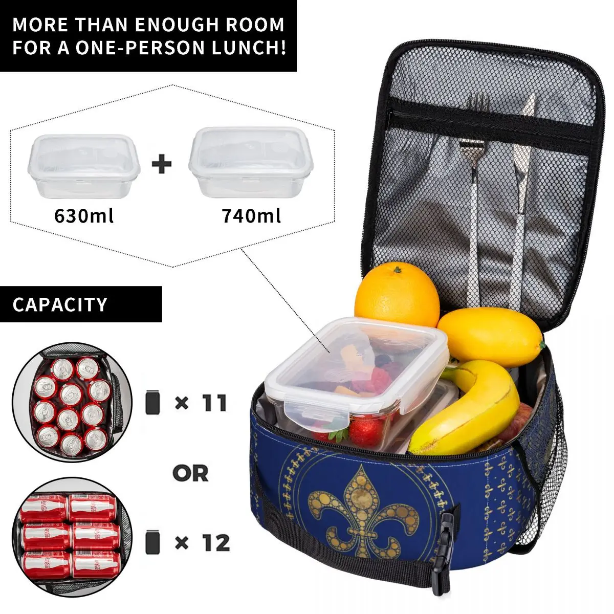 Fleur De Lys Lily Flower Gold And Royal Blue Insulated Lunch Bags for Camping Travel Cooler Thermal Bento Box Women Children