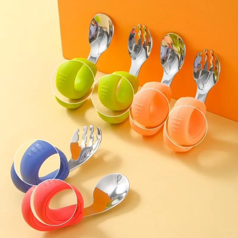 

304 Stainless Steel Children's Tableware Spoon And Fork Set Baby Eating Spoon Silicone Handle Elbow Spoon Complementary Food