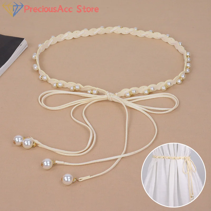 

Elegant Women'S Pearl Beads Belts Metal Thin Waist Belts Slim Chain Belt Decorative Waistband Dress Accessories