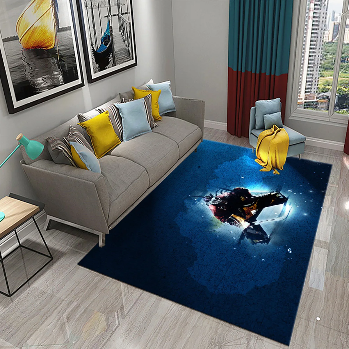 Ice Hockey Theme Carpet Winter Ball Sport for Living Room Bedroom Dining Bathroom Door Entrance Non-Slip Area Rug for Home Decor