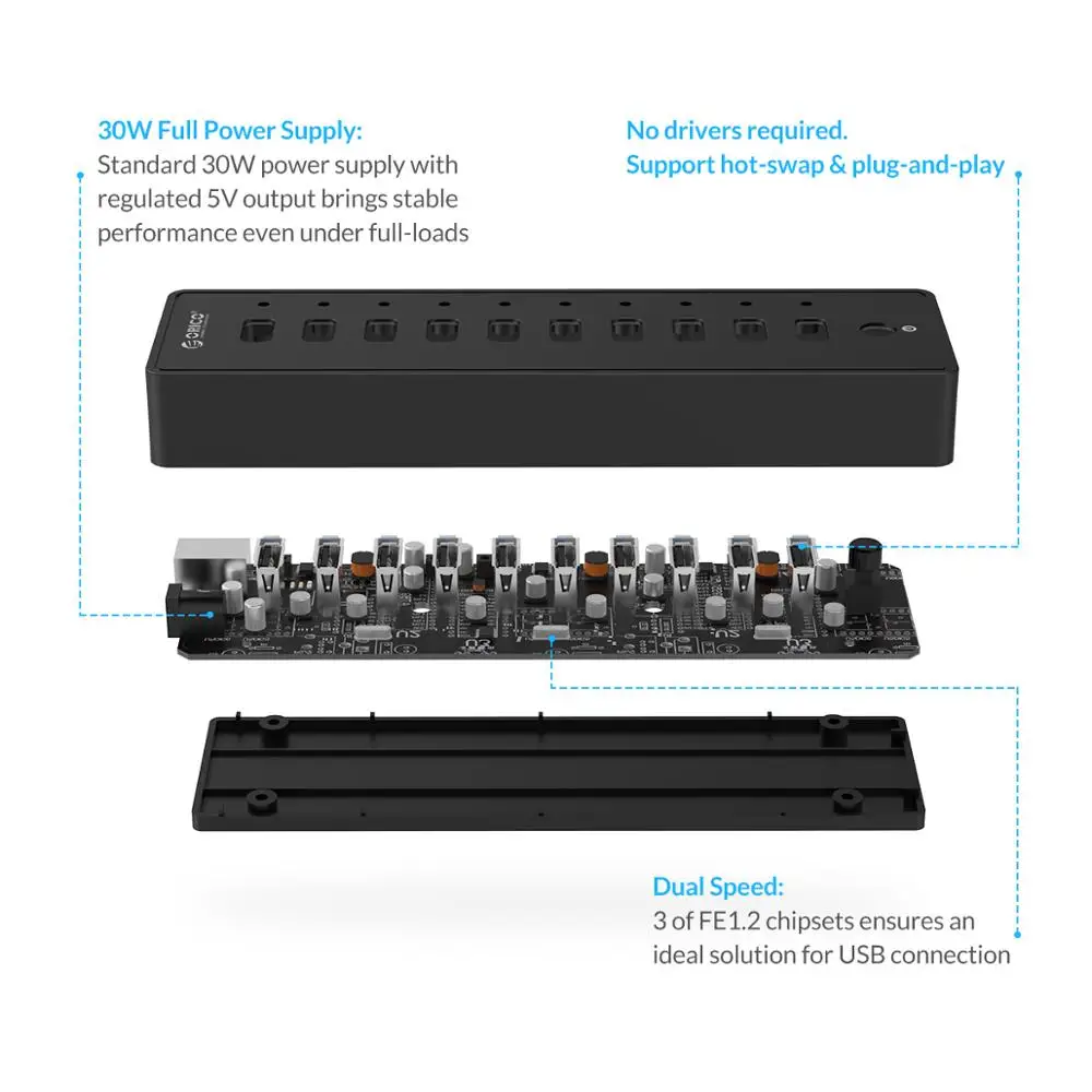 Orico Conector Usb Hub 10 Portas Abs Usb2.0 Adaptador de Alimentação 12v Divisor Usb de Alta Velocidade para pc Acessórios de Computador Cabo de Dados de 1m - Imagem 6