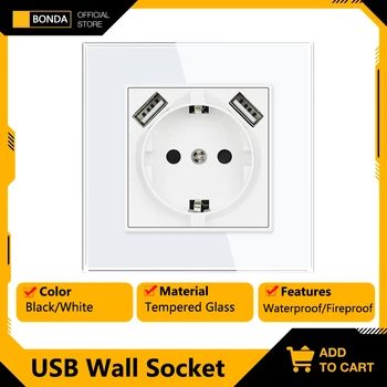 벽 전원 소켓 USB 포함, 화이트 블랙 강화 크리스탈 유리 패널, EU 표준 급속 충전, 16A ON/OFF 콘센트, 220V, 86mm * 86mm