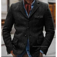 Herringbone Men's Jacket Single Breasted Elegant Casual Slim Stage Suit Jackets Suite for Man New in Suits and Blazers Male Coat 1