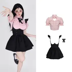 2023 Summer Pink Elegant Y2k Sweet Shirt Flying Sleeves Strap Mini Black Skirts 2 Piece Dress Set Women Korean Fashion Suits
