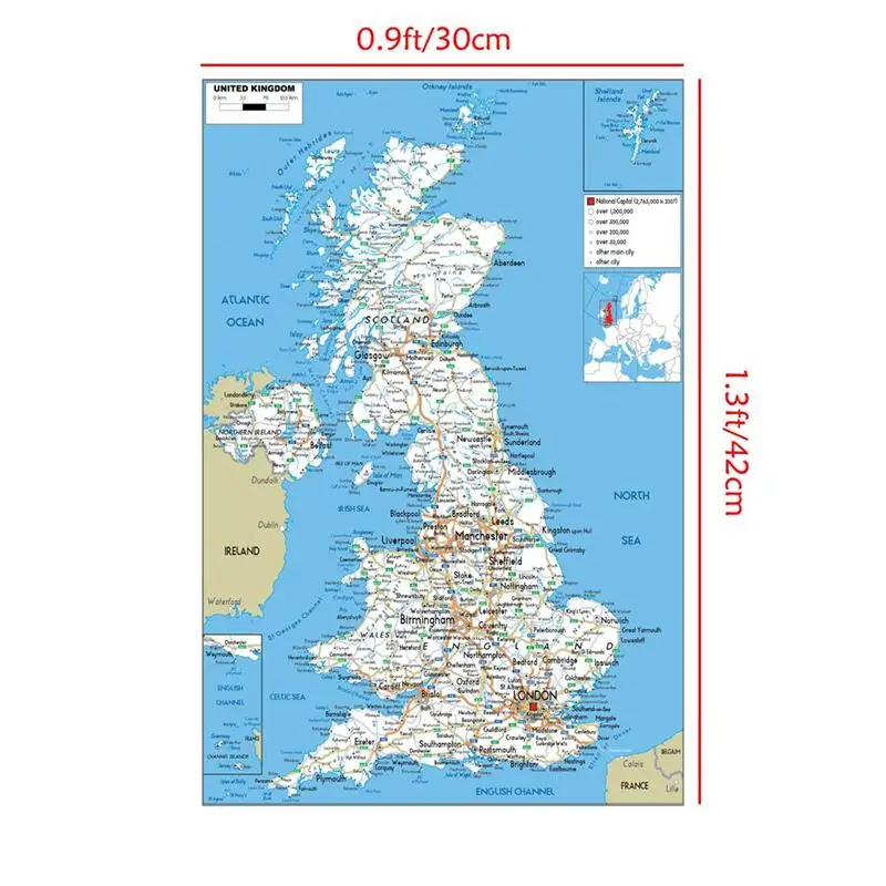 United Kingdom Map In English Administrative / Geographic / Road Map Wall Art Poster Painting School Supplies