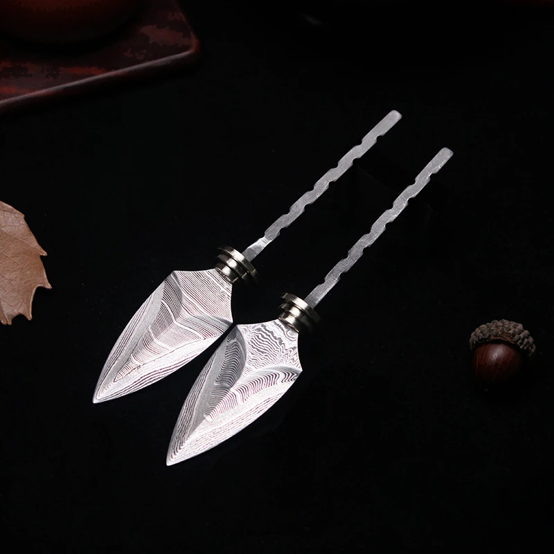 DIY Semi-finished Damascus Steel Net Pattern Pu'er Tea Knife Needle Accessories for Pu'er & Dark Tea Ceremony DIY Knife Bank