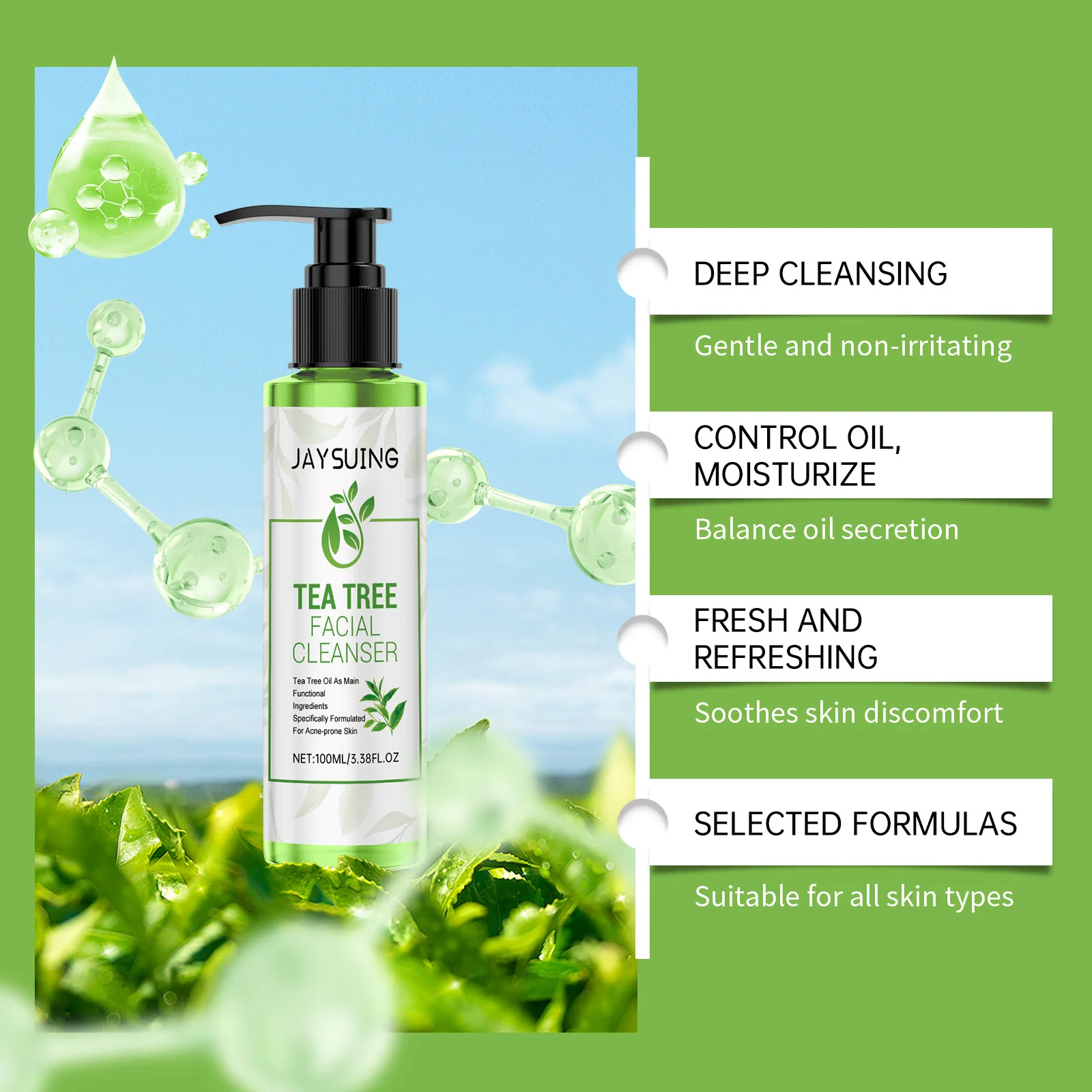 Tea Tree Facial Cleanser Acne Treatment Blackhead Removal Shrink Pore Exfoliating Cleaning Moisturize Oil Control Face Wash Gel 4