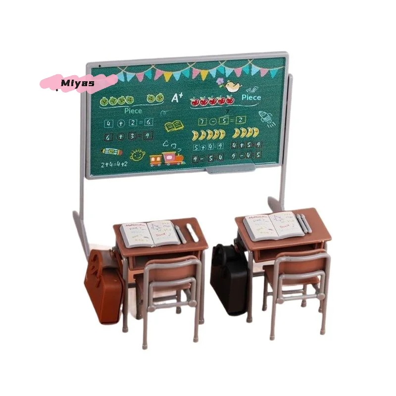 미니 학교 책상 세트(칠판, 의자, 책가방 포함) 인형의 집 가구 장식 교실 소품 모델