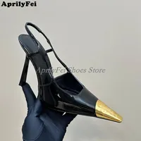 Elegant Womens Shoes Gold Pointed Toe Luxury Brand Party High Heels 4 Inch Black Patent Leather Women Dress Sandals Slingback 1