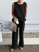  Women Solid Color Cotton Linen Simple Sets Spring O Neck Sleeveless Tank Top & Wide Leg Pants Outfits Summer Solid Harajuku Suit 