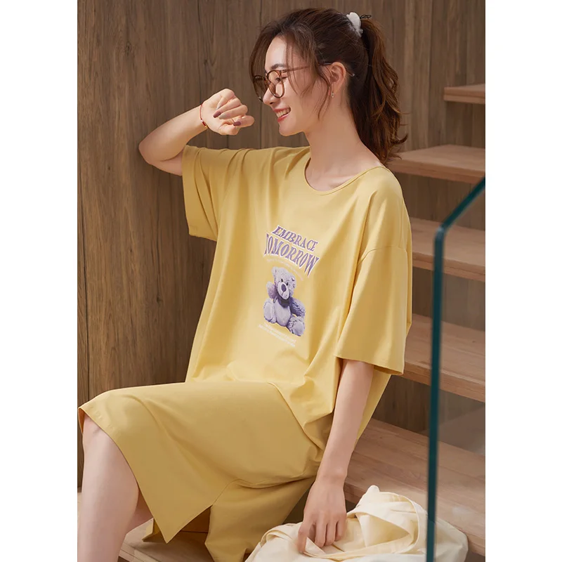 Summer Letter Pattern Night Dress Women Big Yards 3XL Nightgown Cartoon Bear Sleep Shirts Short-sleeve Nightie Cotto