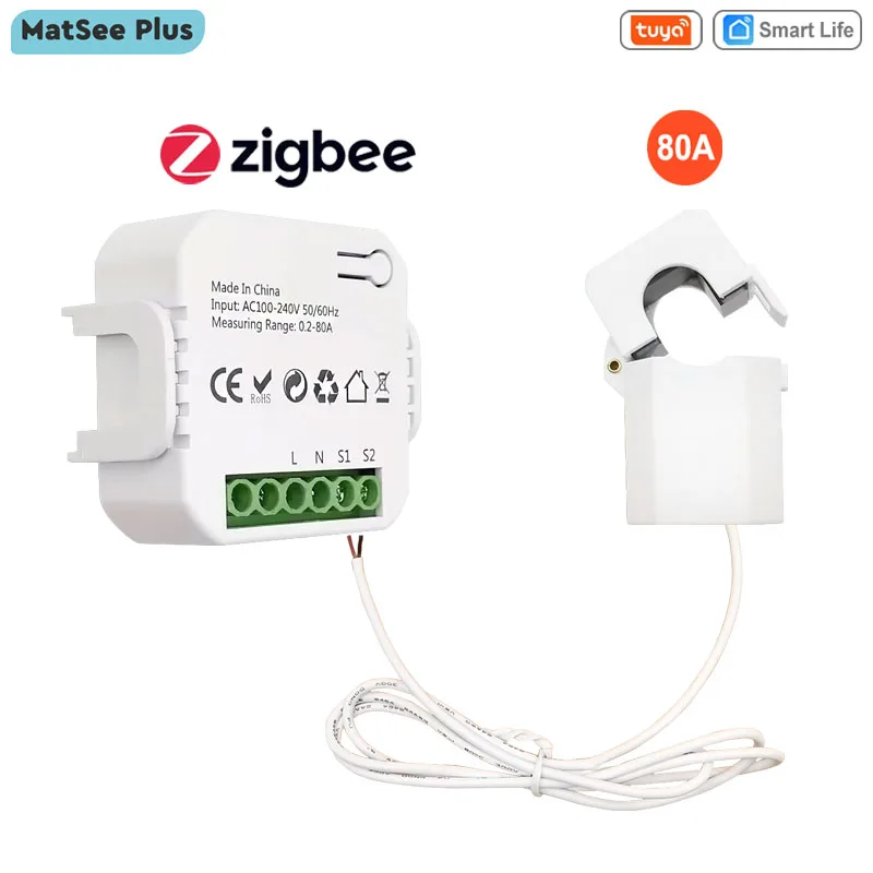 Tuya smart life zigbee clamp power digitaler zähler energie monitor 80a ct din rail app stroms tatistik ac 110v 240v 50/60hz