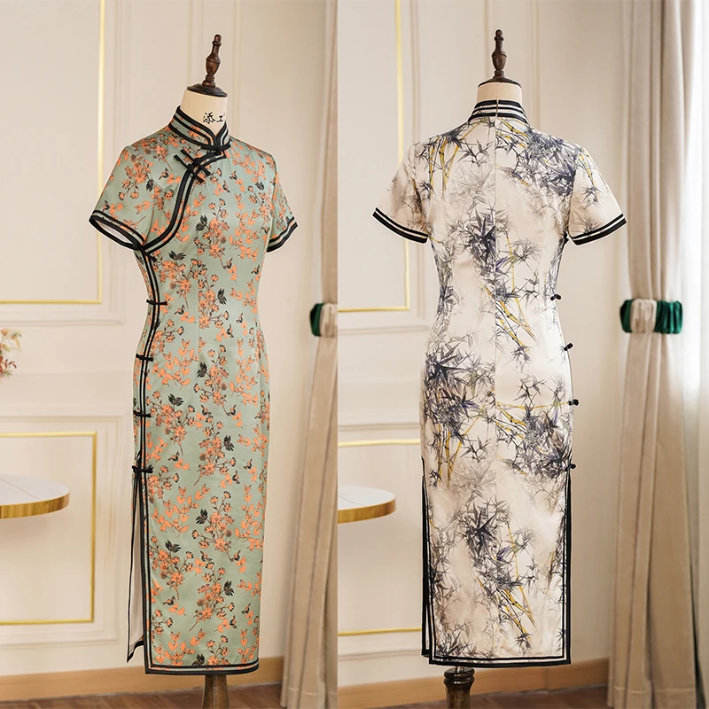 

Women Sexy Stand Collar Qipao Short Sleeve Chinese Style Dress Printed Flower Mulberry Silk Cheongsam Vintage Button Vestidos