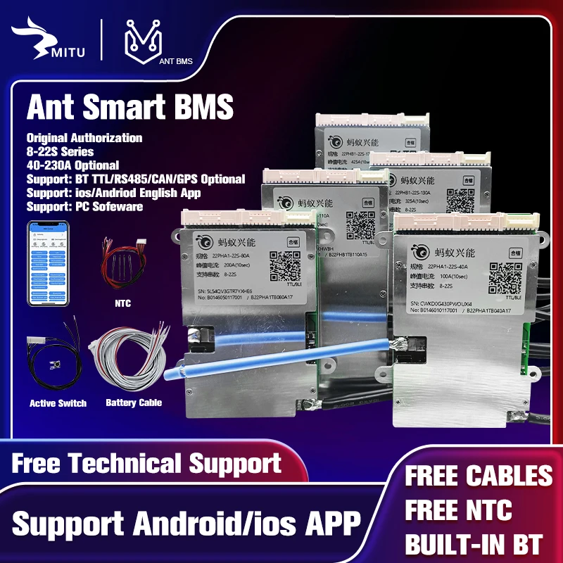 

Smart ANT BMS 8S 10S 13S 14S 16S 18S 20S 22S 40A 80A 110A 130A 170A 24V 36V 48V 60V 72V Lifepo4 li-ion LTO Bluetooth APP Balance