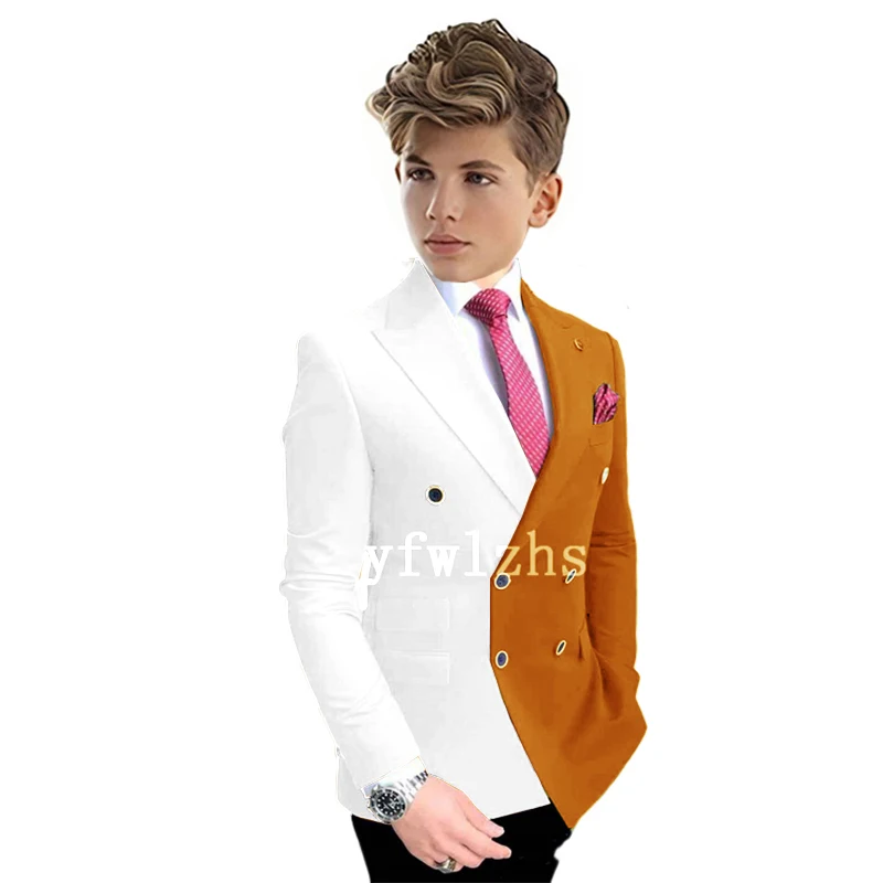 Terno de 2 peças para meninos, smoking de casamento, blazer duplo, jaqueta e calças, bloco de cores, roupas infantis