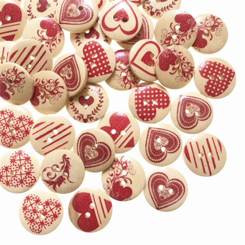 

100pcs 15mm Wood Buttons with Vintage Style Heart Painting Round 2 Holes Wooden Craft Buttons for DIY Sewing Craft Decoration