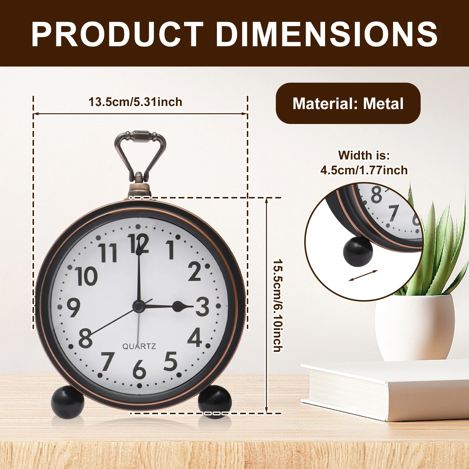 Vintage Alarm Clock Battery Operated Metal Alarm Clocks No Ticking Silent Desktop Retro Clock for Home Bookshelf and Nightstand