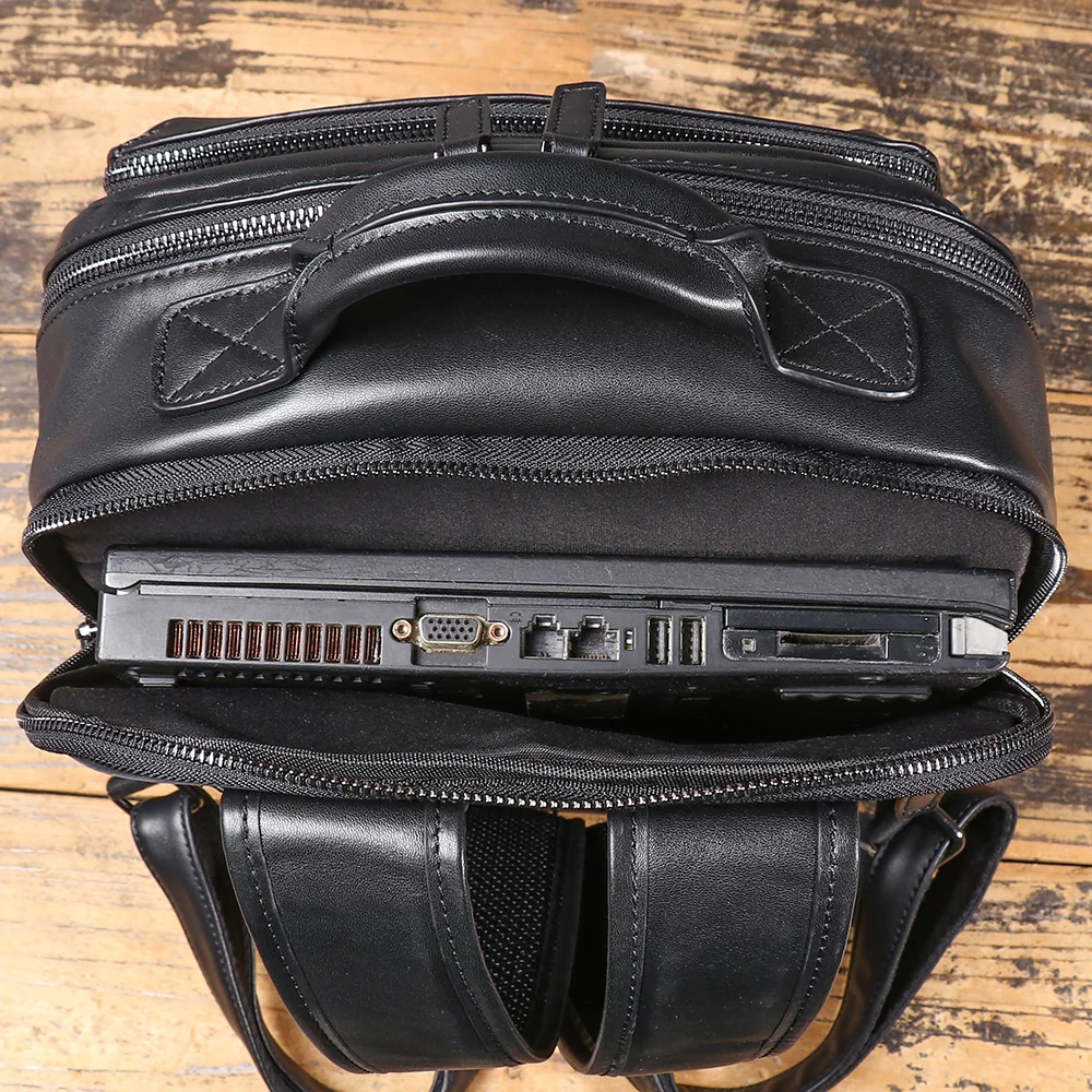 New Genuine Leather Black Backpack, High-Quality First-Layer Cowhide, Large-Capacity Laptop Bag That Fits a15.6-Inch Computer. 6