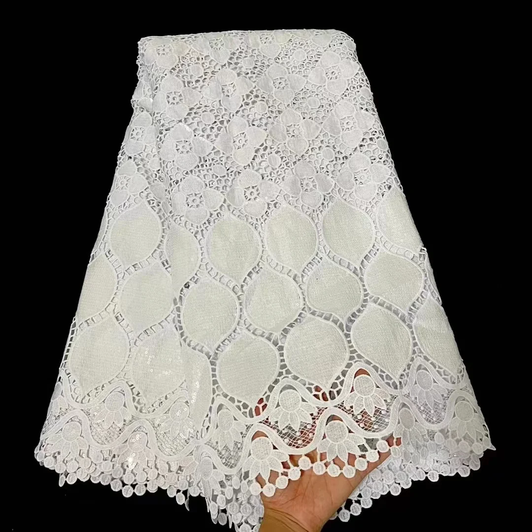 French White Guipure Cord Lace Fabric 5 Yards 2023 African Nigerian Milk Silk Lace Fabric For Sewing Dress Party Wedding QF0217 pgc white african milk silk lace fabric wholesale nigerian french guipure lace fabric for wedding dress material sew ya5041b 2