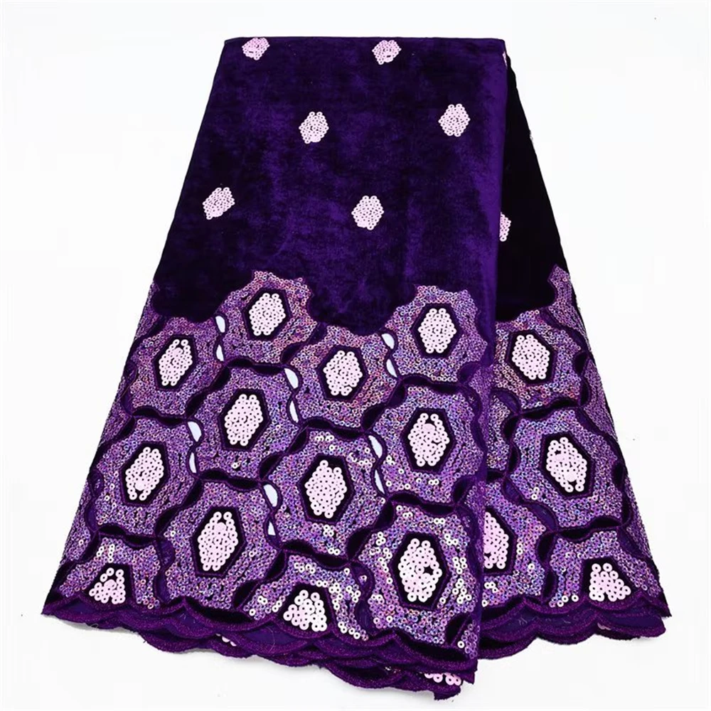 

Фиолетовая бархатная кружевная ткань с вышивкой пайетками, нигерийское кружево для свадебного платья, 5 ярдов