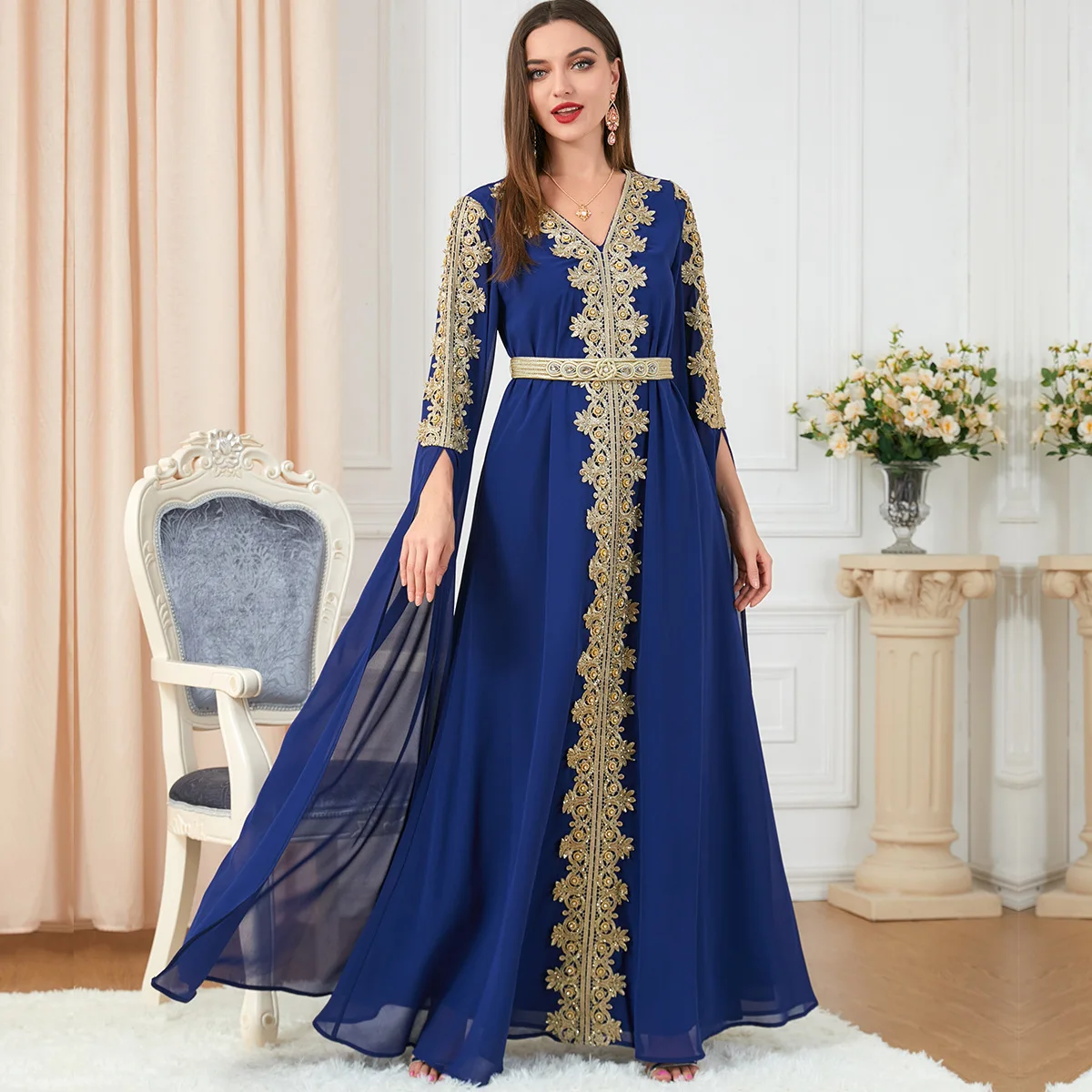 Robe De Soirée Musulmane Femme - Style Dubaï - Caftan Long Brodé Fleuri - Tenue Marocaine Islamique Turque - Événements Mariage & Soirée - Noir Avec Ceinture 2 Pièces