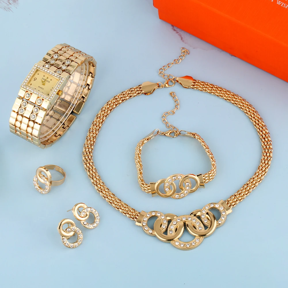 Luxury Gold Women Watch Diamonds Rectangular Quartz Wristwatch Earrings Necklace Bracelet Gift Set for Women Reloj De Mujer