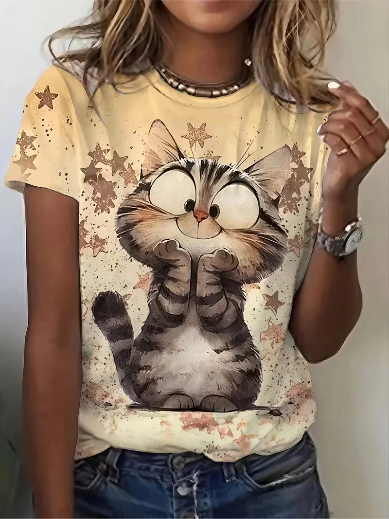 Hot Selling Women's Casual Cat and Star 3D Printed T-shirt - Round Neck Summer Top Loose Fit, Comfortable for Daily Wear