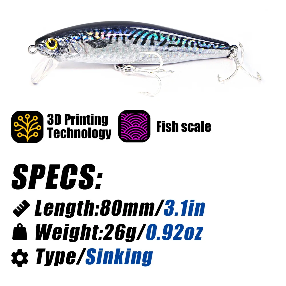 Fishing Lure B&U 80mm Sinking Minnow Hard Lure Jerkbait Saltwater Long Casting Distance Fishing lures Sea Artificial Bait Wobblers Sea Bass