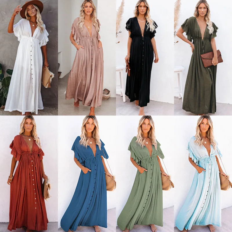 Beach Dress Maxi Women Summer Ruffle Sleeve Deep V Neck Solid Elegant Bohemian Wedding Outfits Bikini Cover Up Robe Beachwear