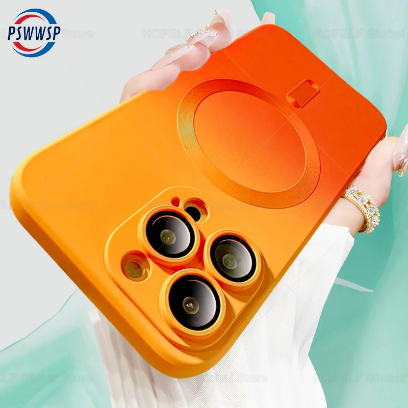 Weich Silikonhülle a Gradientfaarf fir iPhone 15 Ultra 14 Plus 13 12 11 Pro Max fir Magsafe Kameraobjektivschutz_voghion.com