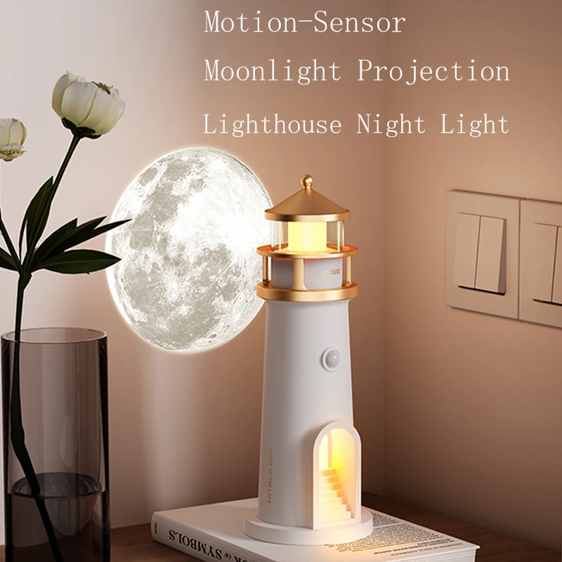 Projection Lighthouse Lamps Night Light Moon Lamp Remote Control Motion Sensor Ambient Lights Xmas Christmas New Year's Gift