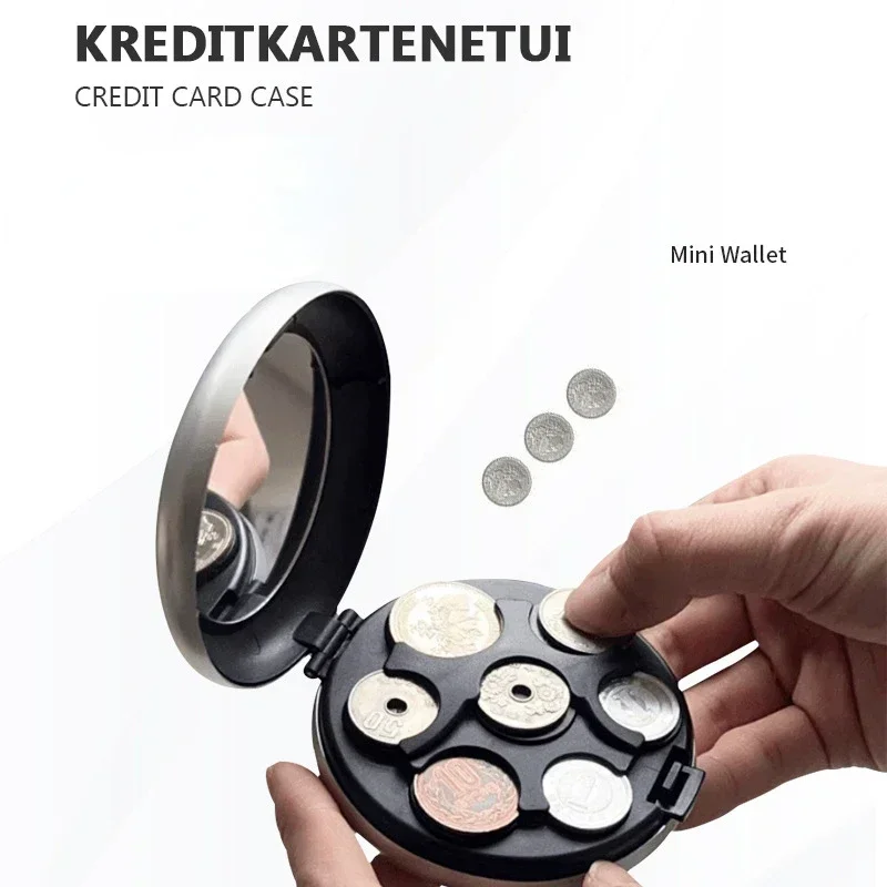 Fashion Creative Mini Euro Coin Storage Box with Mirror Portable Aluminum Alloy Circular Euro Zero Wallet for Gift