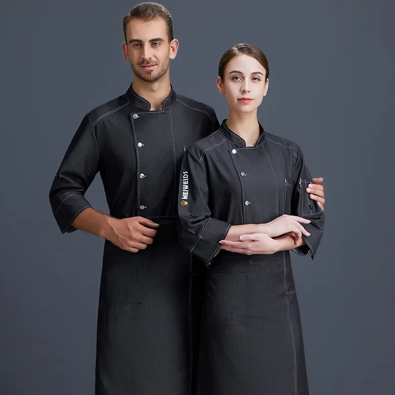 Short Sleeve Chef Uniform Denim Kitchen Work Clothes Western Restaurant Hotel Main Kitchen Captain White Coat
